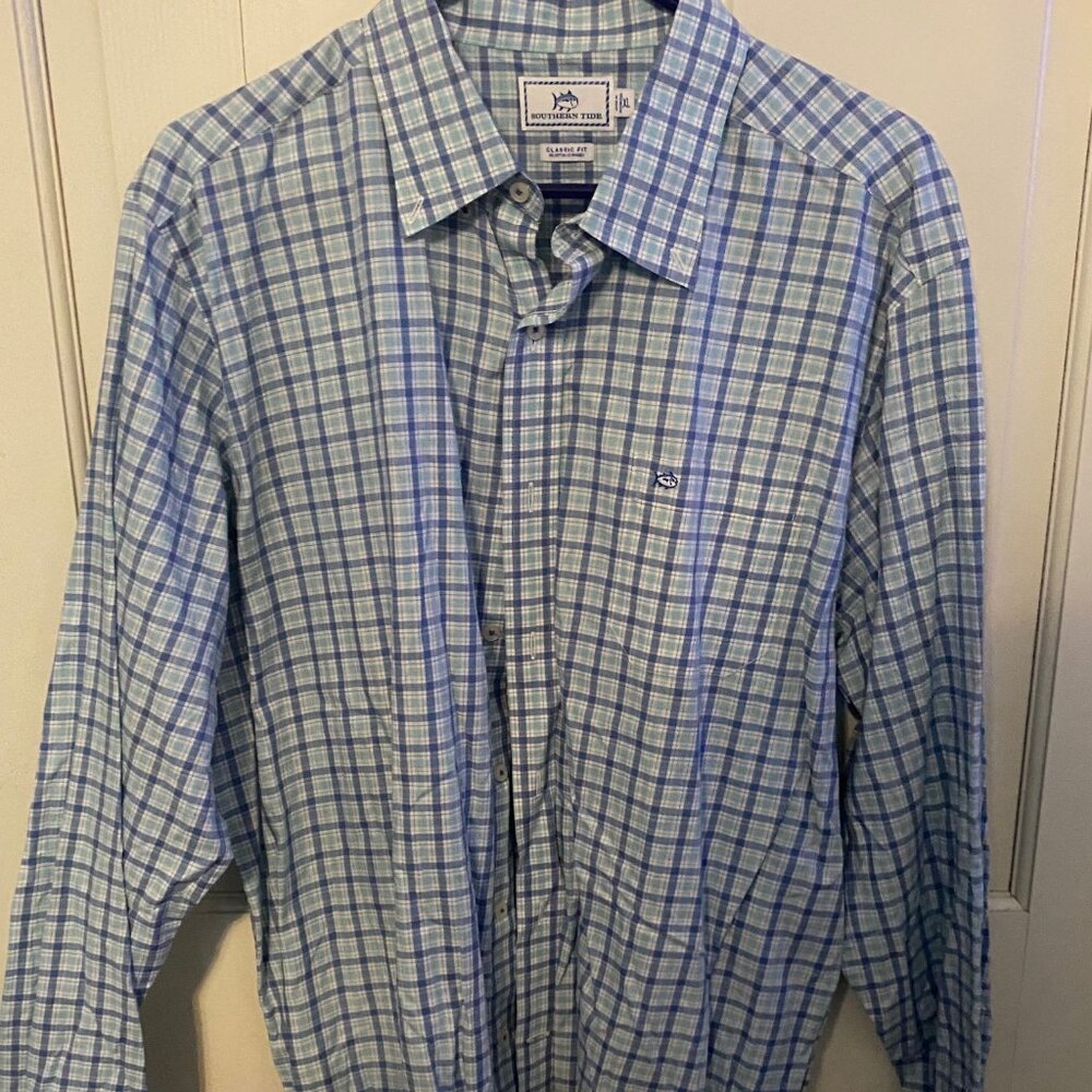 Southern Tide Classic Fit Plaid Button-Down Shirt - XL Blue Plaid